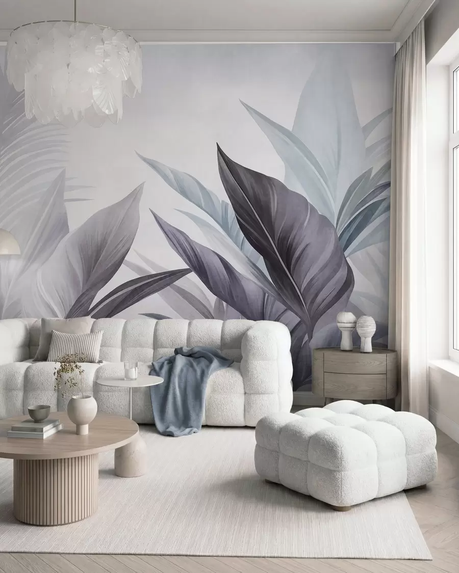 murais de parede Folhas tropicais em tons de azul e cinza, texturizadas e grandes, arte moderna w10055v1