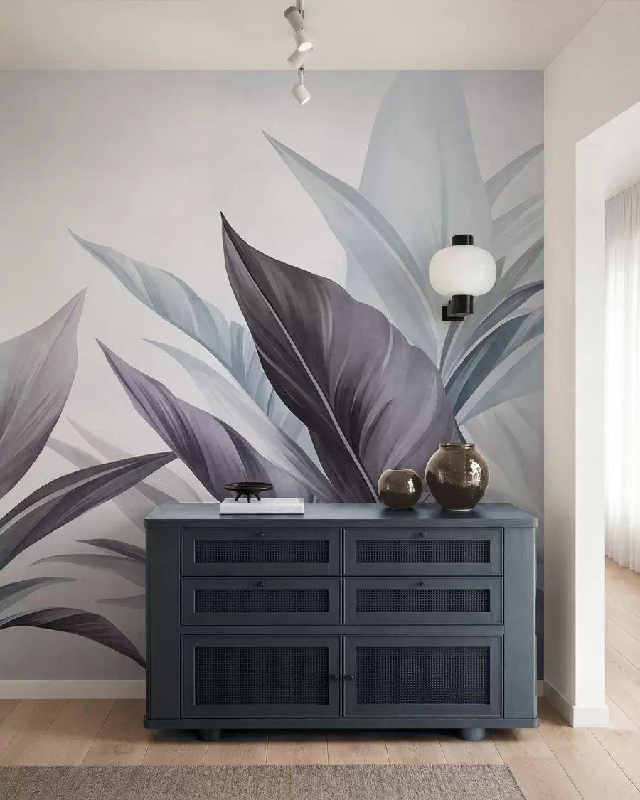 murais de parede Folhas tropicais em tons de azul e cinza, texturizadas e grandes, arte moderna w10055v1