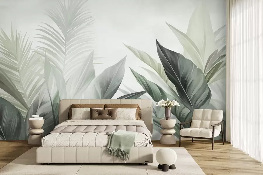 murais de parede Folhas tropicais em tons de verde, texturizadas e grandes, arte moderna w10055v2