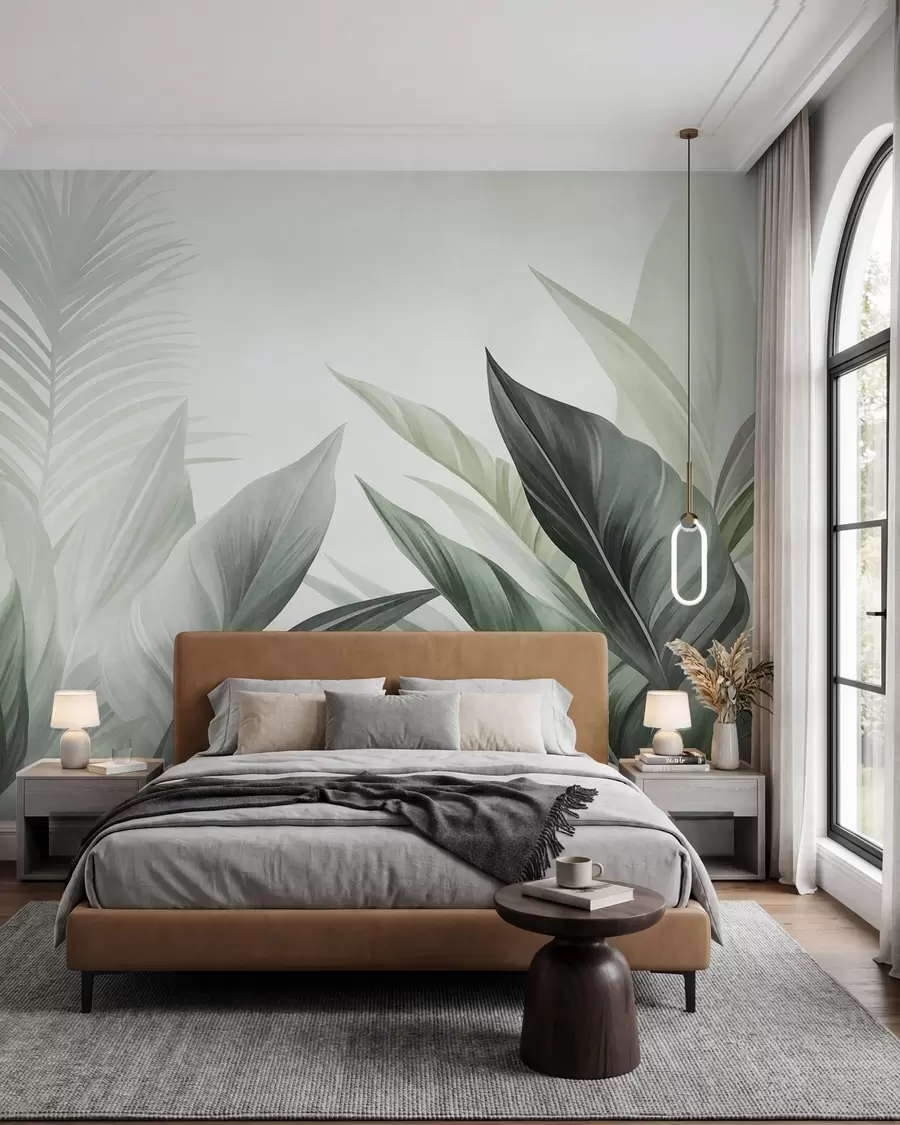 murais de parede Folhas tropicais em tons de verde, texturizadas e grandes, arte moderna w10055v2
