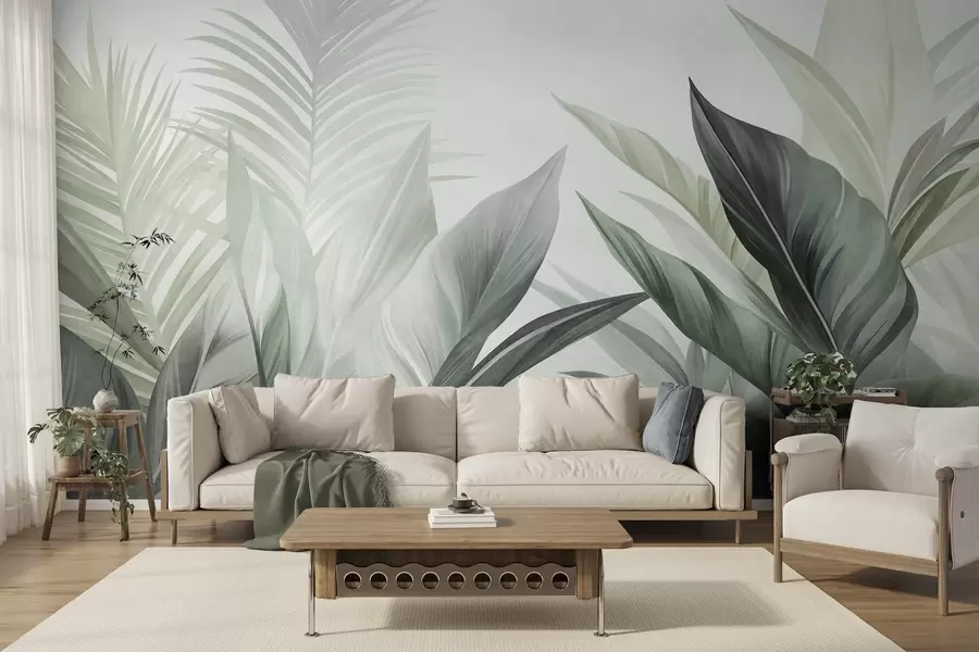 murais de parede Folhas tropicais em tons de verde, texturizadas e grandes, arte moderna w10055v2