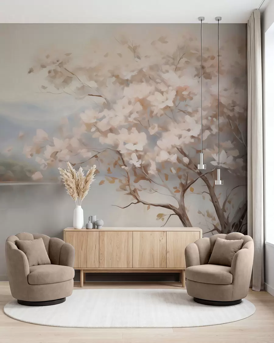 murais de parede Paisagem com uma árvore, pintura em imitação w05950