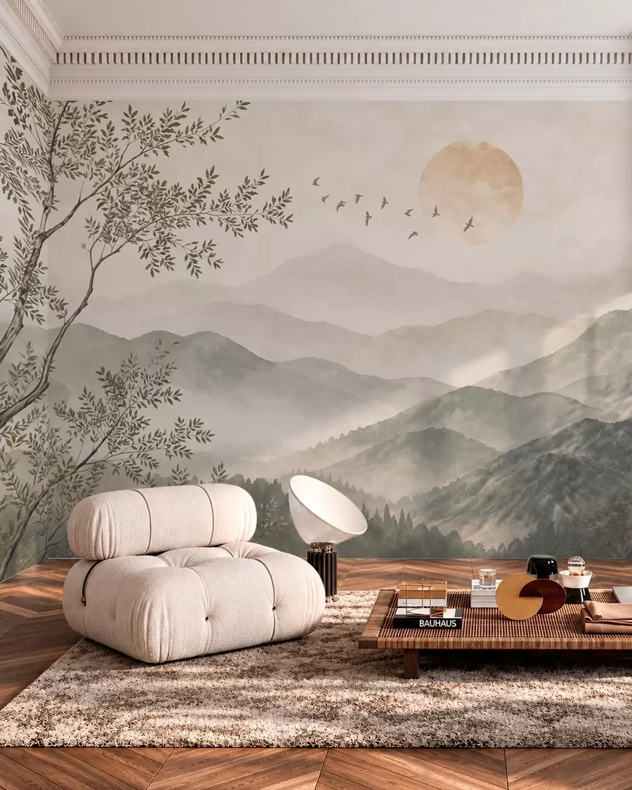 murais de parede Paisagem montanhosa com uma árvore, pássaros e sol w05924