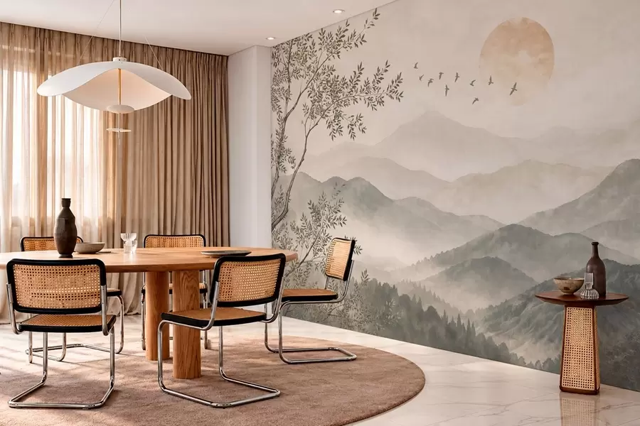murais de parede Paisagem montanhosa com uma árvore, pássaros e sol w05924