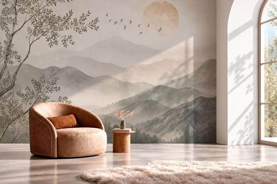 murais de parede Paisagem montanhosa com uma árvore, pássaros e sol w05924