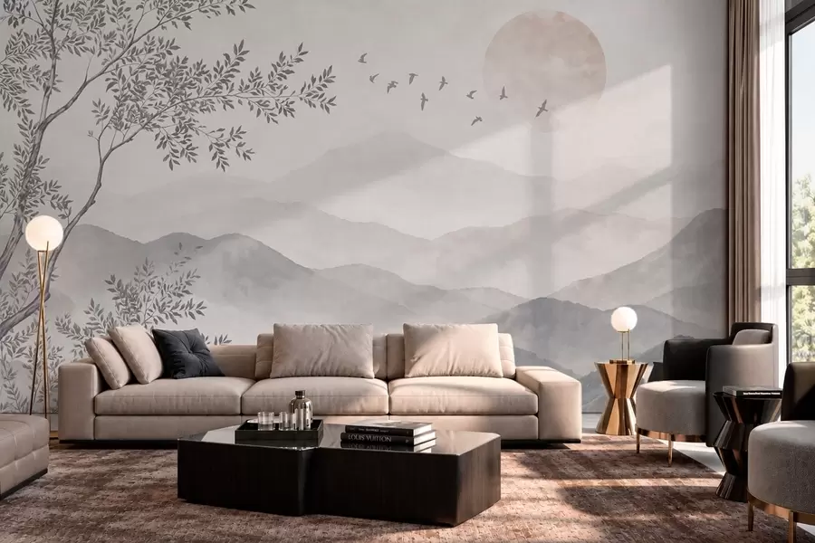 murais de parede Paisagem montanhosa em tons claros, com uma árvore e pássaros w05924v2