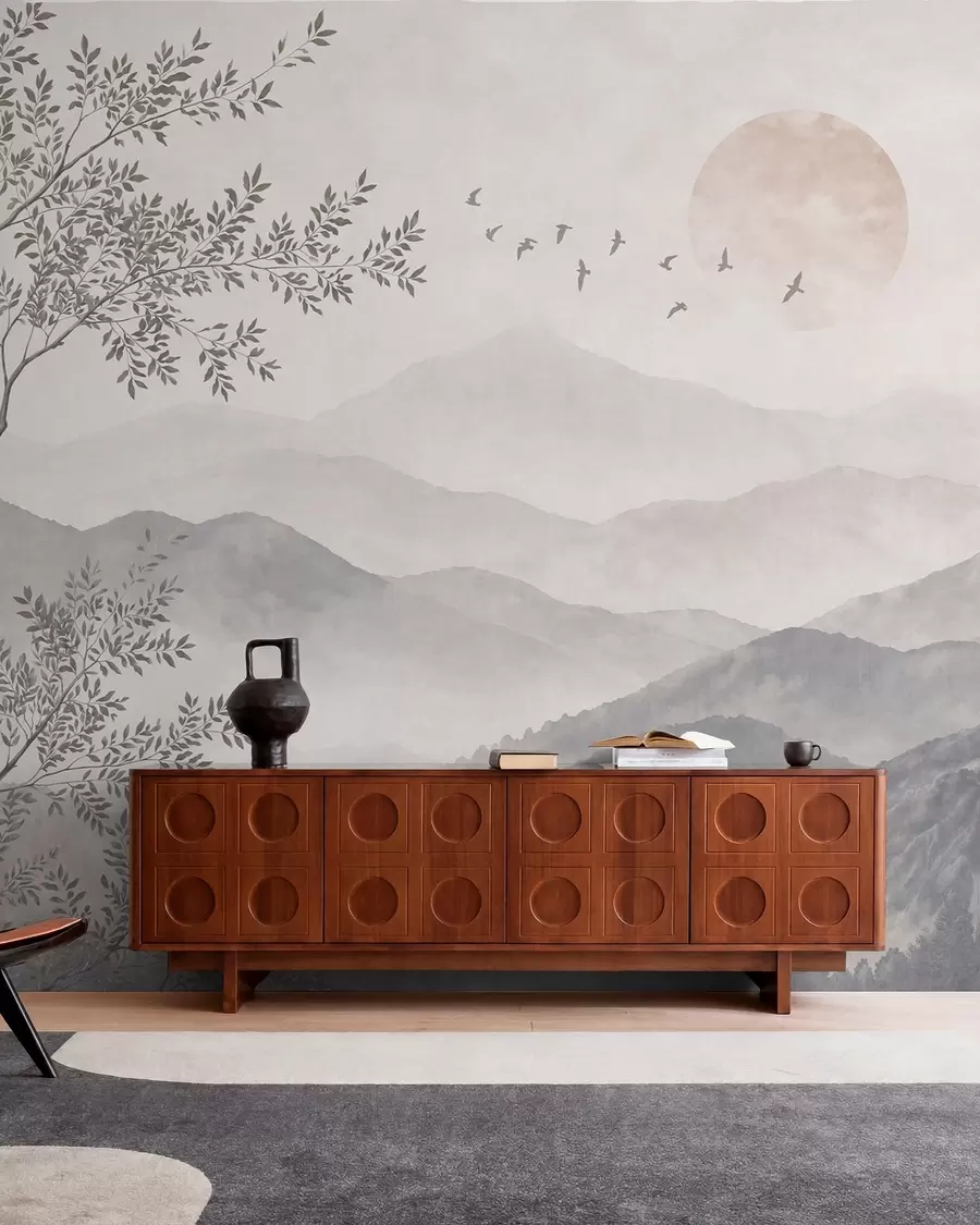 murais de parede Paisagem montanhosa em tons claros, com uma árvore e pássaros w05924v2