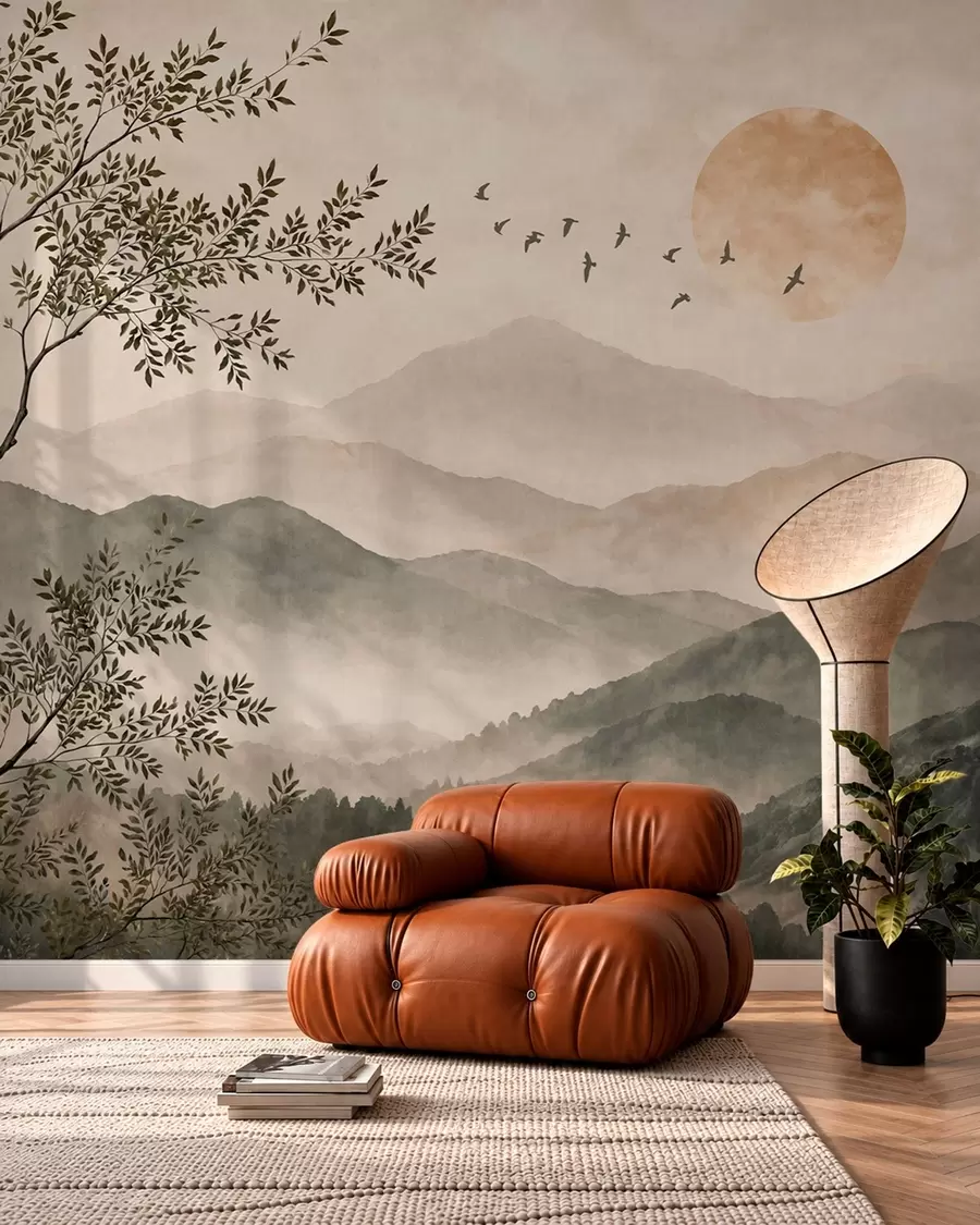 murais de parede Cordilheiras com uma árvore, pássaros e o sol w05924v3