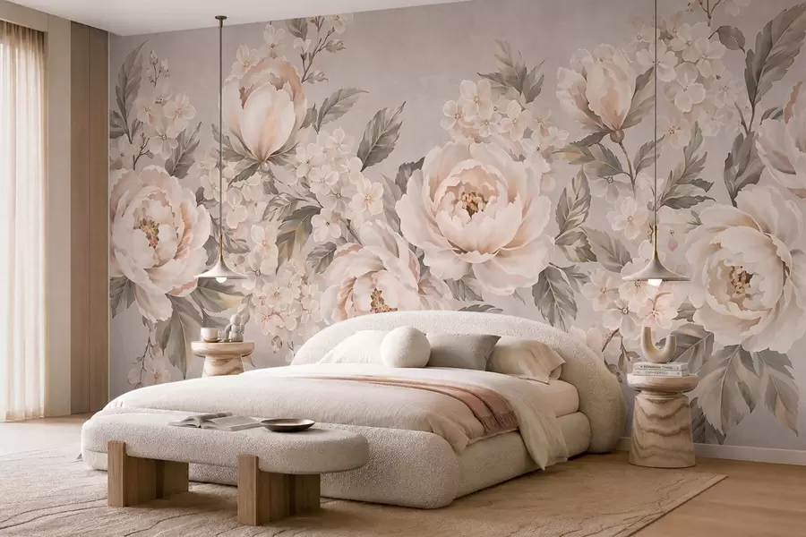 murais de parede Delicadas flores em tons de creme e folhas verdes em uma paleta de cores pastéis w05926