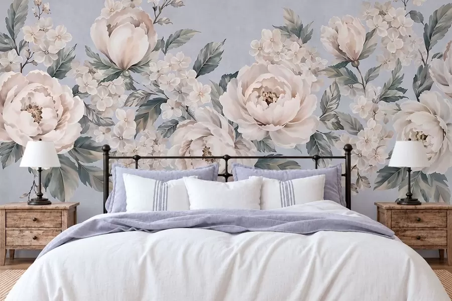 murais de parede Flores delicadas e claras com folhas sobre um fundo azul w05926v1