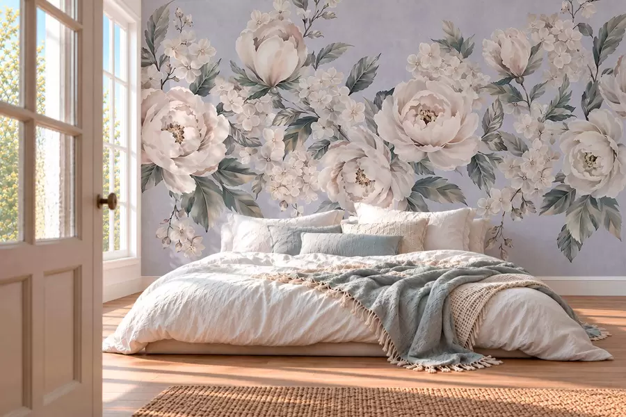 murais de parede Flores delicadas e claras com folhas sobre um fundo azul w05926v1