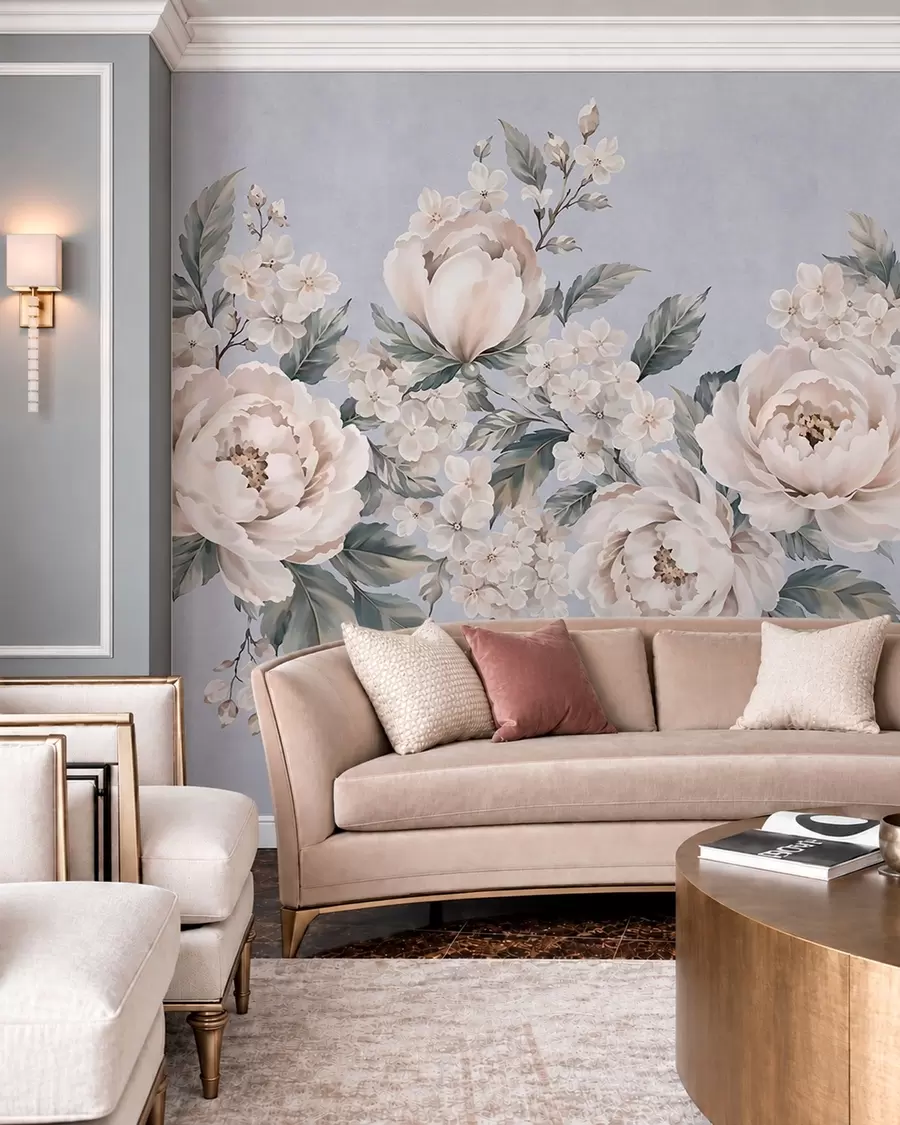 murais de parede Flores delicadas e claras com folhas sobre um fundo azul w05926v1