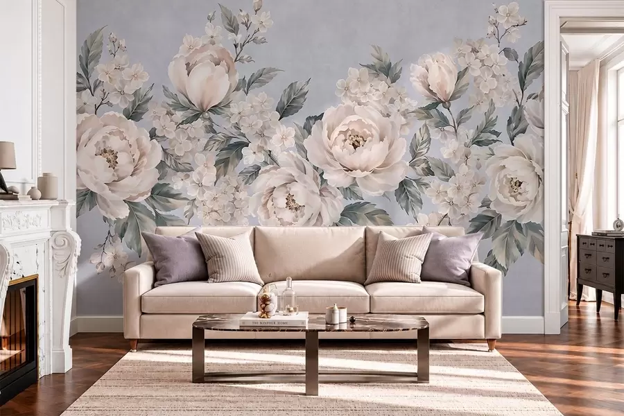 murais de parede Flores delicadas e claras com folhas sobre um fundo azul w05926v1