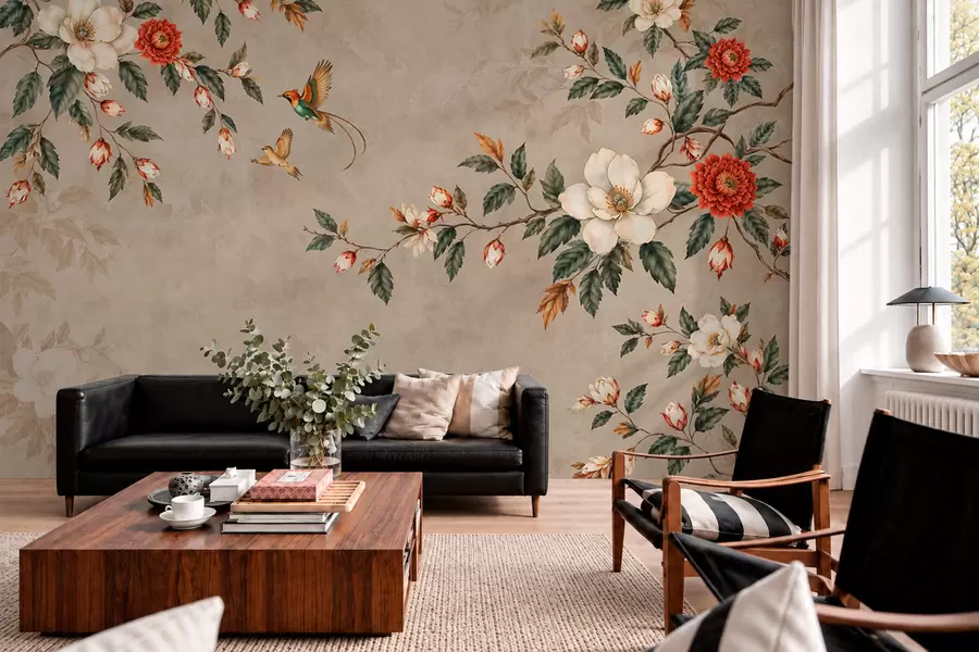 murais de parede Flores, folhas verdes e dois pássaros sobre um fundo claro w05927v1