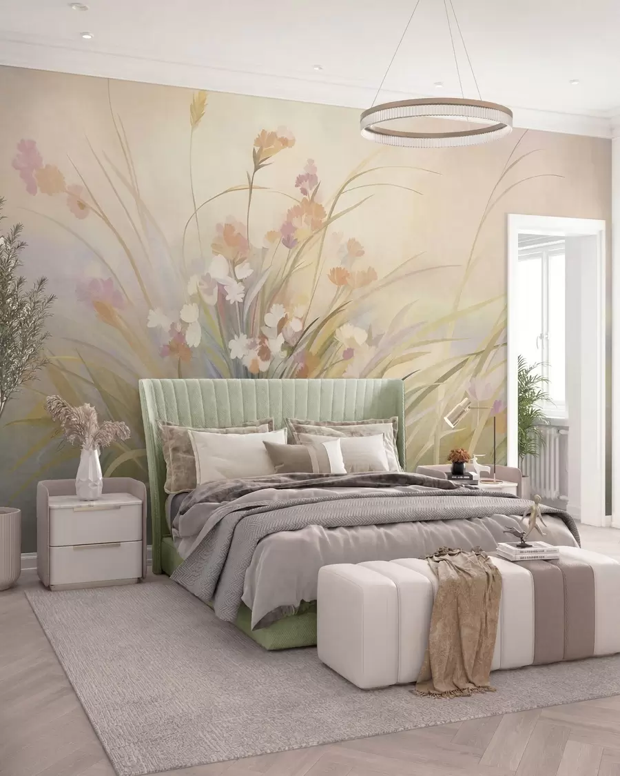 murais de parede Grama alta e flores silvestres em tons suaves de pastel, arte texturizada w10062