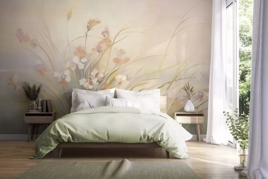 murais de parede Grama alta e flores silvestres em tons suaves de pastel, arte texturizada w10062