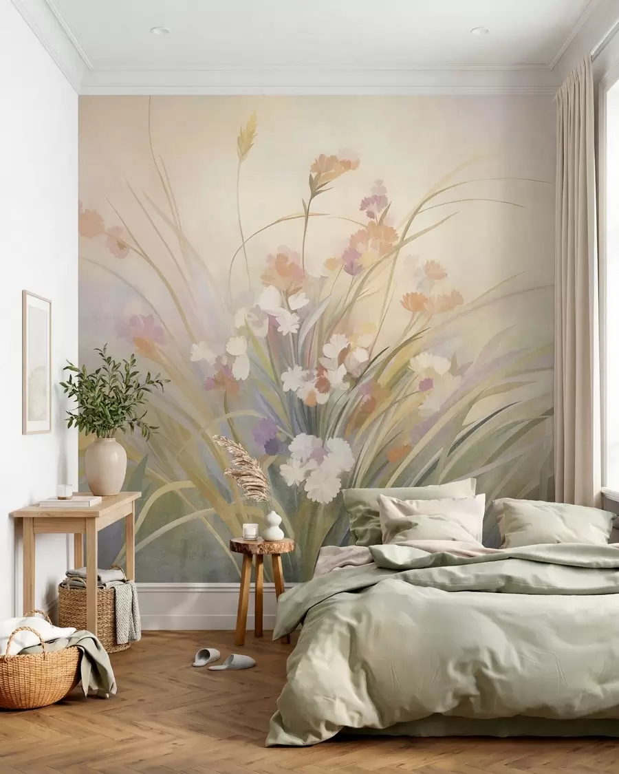 murais de parede Grama alta e flores silvestres em tons suaves de pastel, arte texturizada w10062