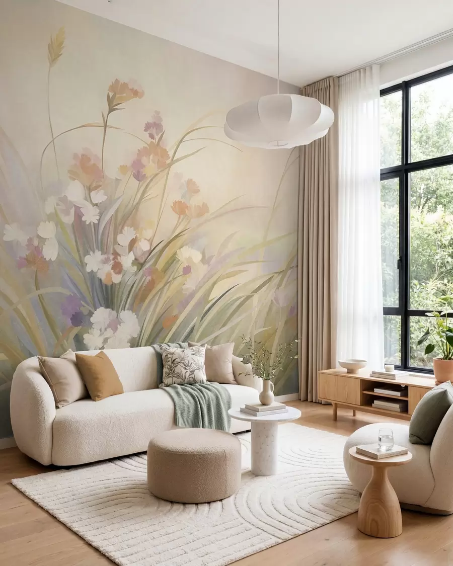 murais de parede Grama alta e flores silvestres em tons suaves de pastel, arte texturizada w10062