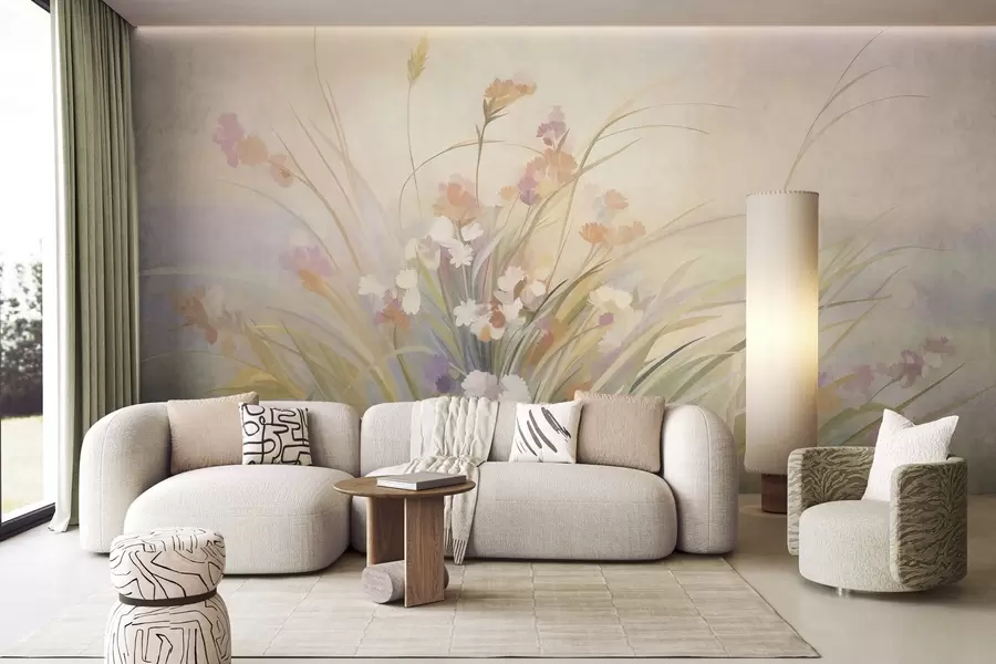 murais de parede Grama alta e flores silvestres em tons suaves de pastel, arte texturizada w10062
