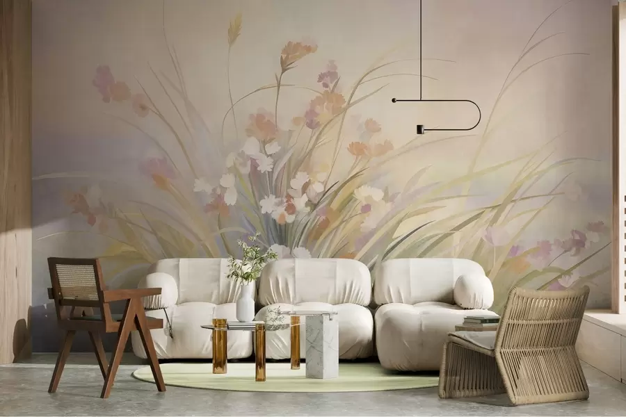 murais de parede Grama alta e flores silvestres em tons suaves de pastel, arte texturizada w10062