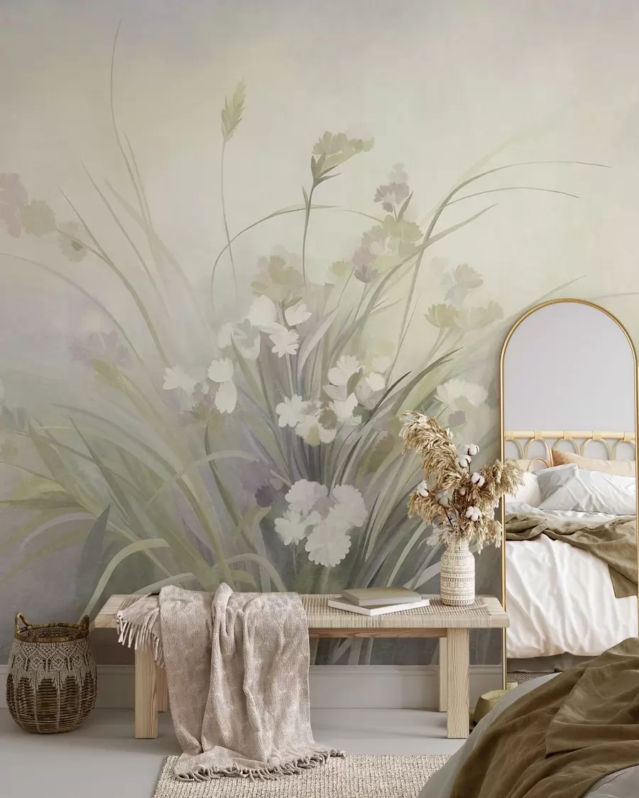 murais de parede Grama alta e flores silvestres em tons suaves de verde, arte texturizada w10062v1