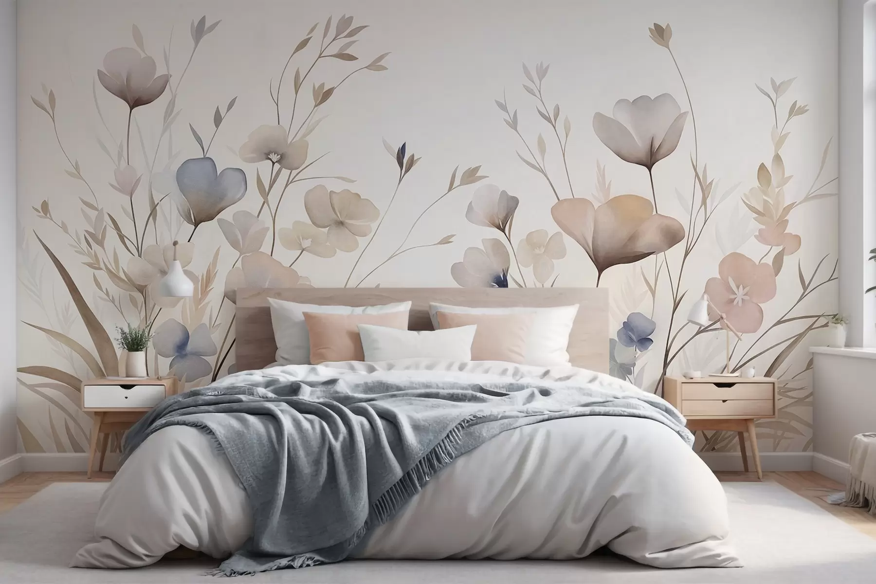murais de parede Delicadas flores silvestres em tons pastéis de azul, rosa e bege, entre a grama alta w10065