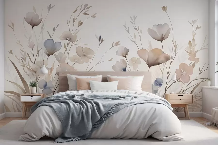 murais de parede Delicadas flores silvestres em tons pastéis de azul, rosa e bege, entre a grama alta w10065