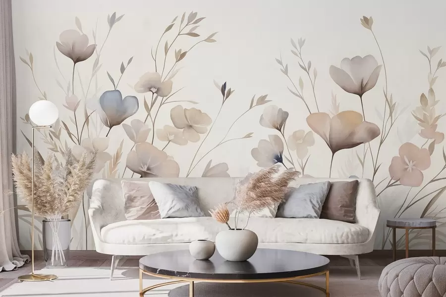murais de parede Delicadas flores silvestres em tons pastéis de azul, rosa e bege, entre a grama alta w10065