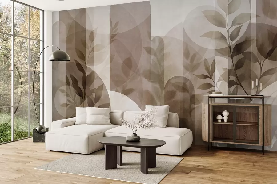 murais de parede Elementos geométricos abstratos e folhas delicadas em tons suaves de marrom e bege w10088