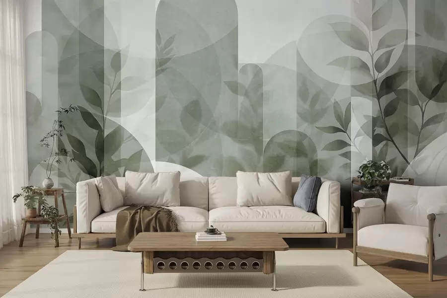murais de parede Elementos geométricos abstratos e folhas delicadas em tons suaves de verde w10088v1