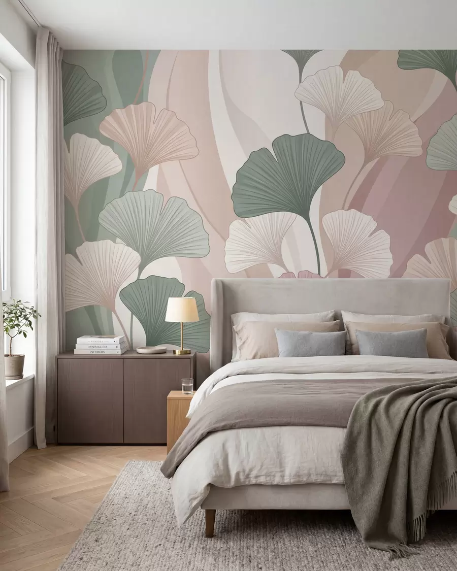 murais de parede Folhas de ginkgo em tons pastéis sobre um fundo abstrato em tons de verde, creme, bege e rosa empoeirado w10040