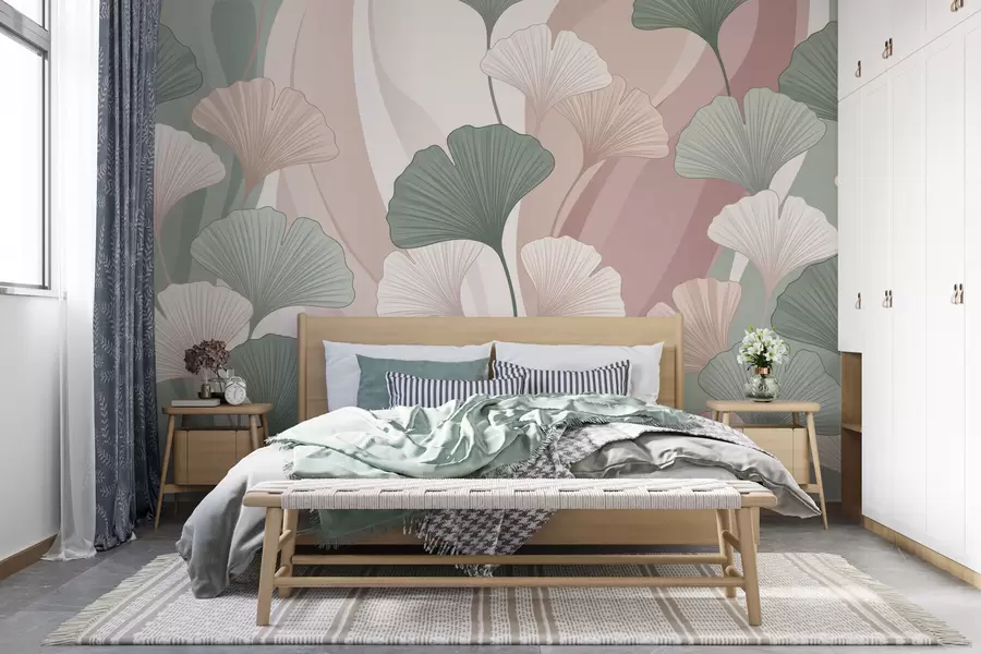 murais de parede Folhas de ginkgo em tons pastéis sobre um fundo abstrato em tons de verde, creme, bege e rosa empoeirado w10040