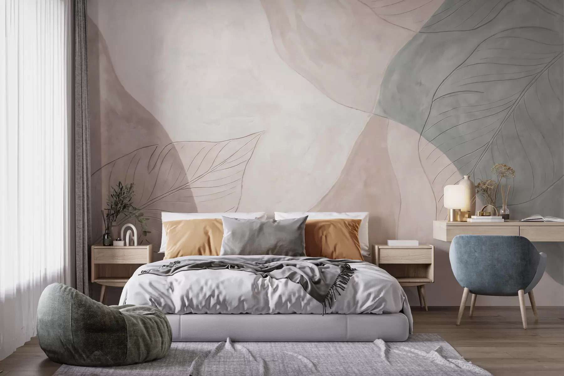 murais de parede Composição botânica abstrata com folhas grandes e formas orgânicas em tons de bege, creme e verde w10070
