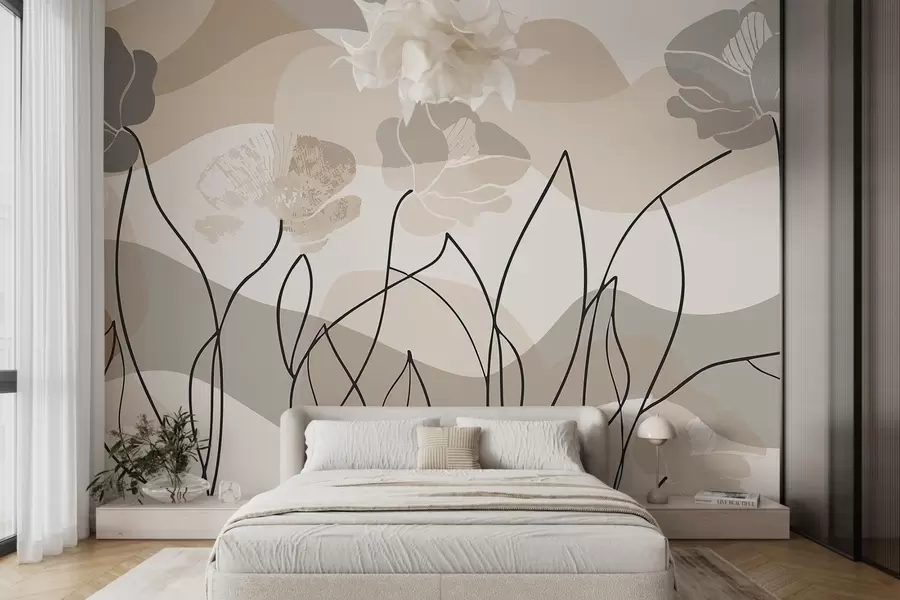 murais de parede Abstração bege com flores em contorno w09989