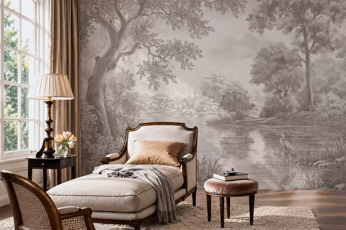 murais de parede Paisagem florestal monocromática com um lago e uma garça w05805