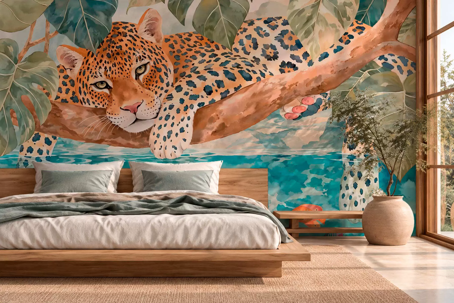 murais de parede Leopardo em um galho acima da água, com peixes coloridos w05954