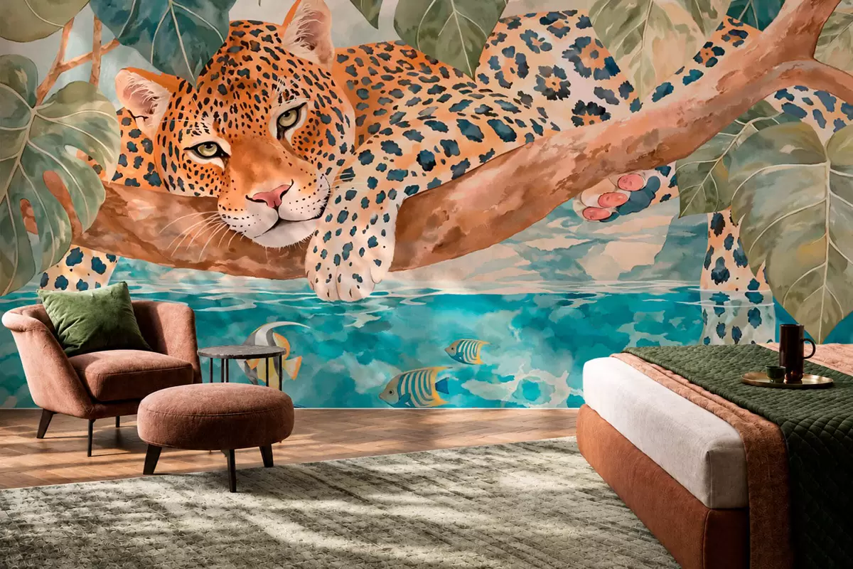 murais de parede Leopardo em um galho acima da água, com peixes coloridos w05954