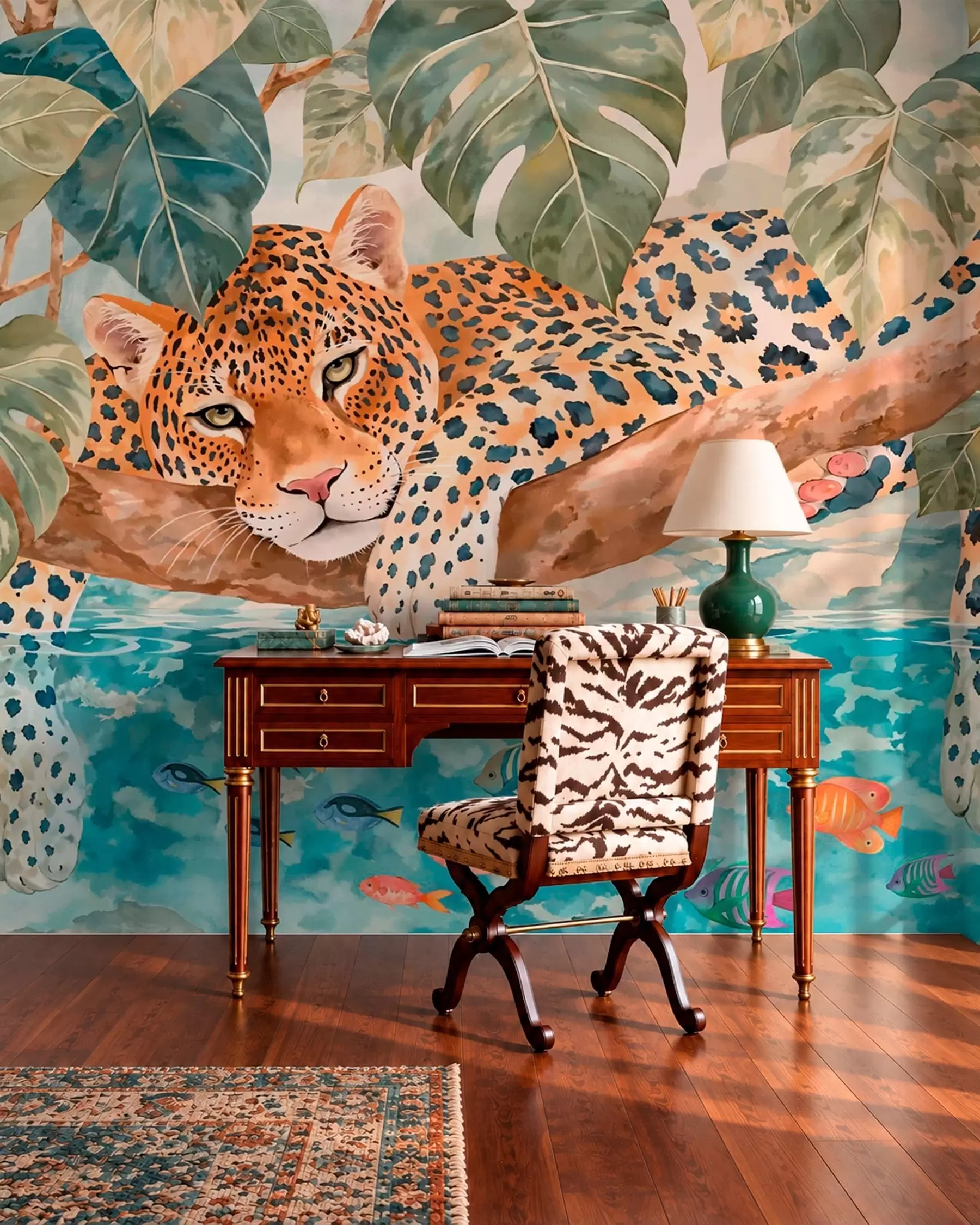murais de parede Leopardo sobre água azul w05954