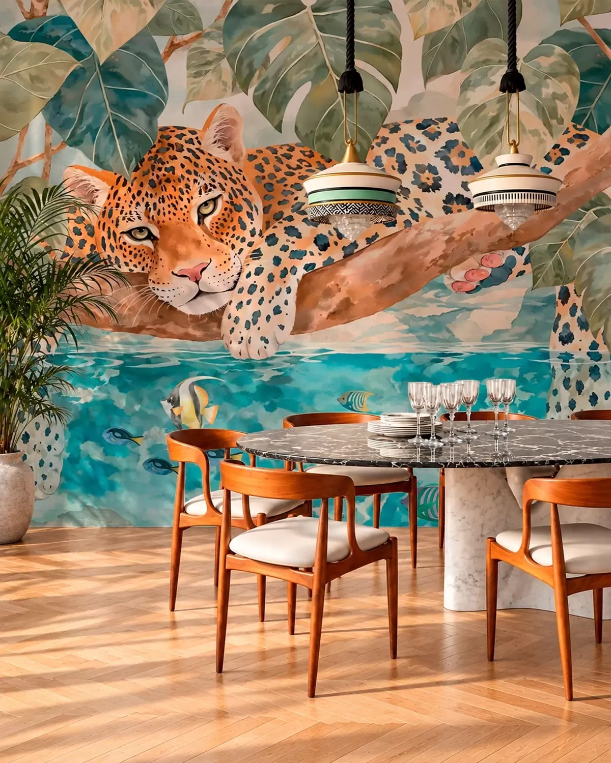 murais de parede Leopardo em um galho acima da água, com peixes coloridos w05954