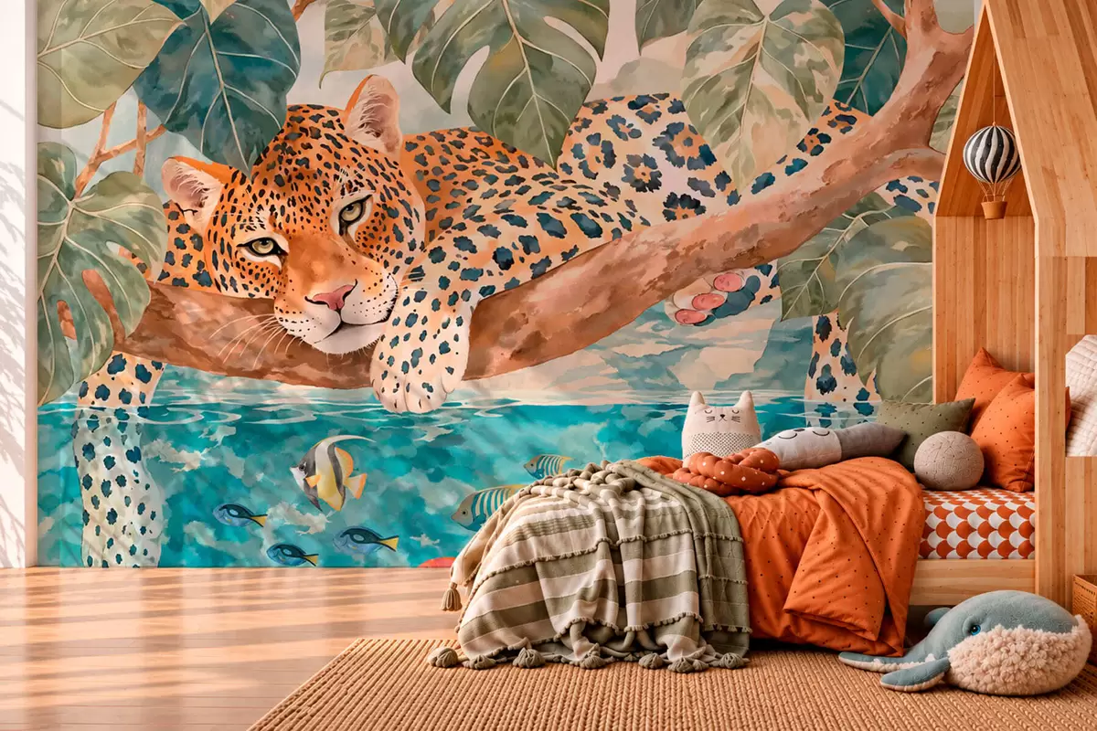 murais de parede Leopardo em um galho acima da água, com peixes coloridos w05954