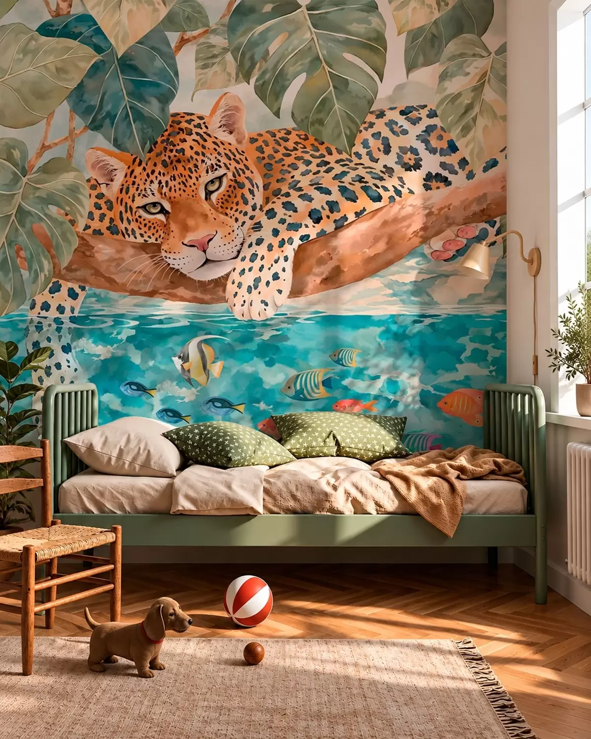 murais de parede Leopardo em um galho acima da água, com peixes coloridos w05954