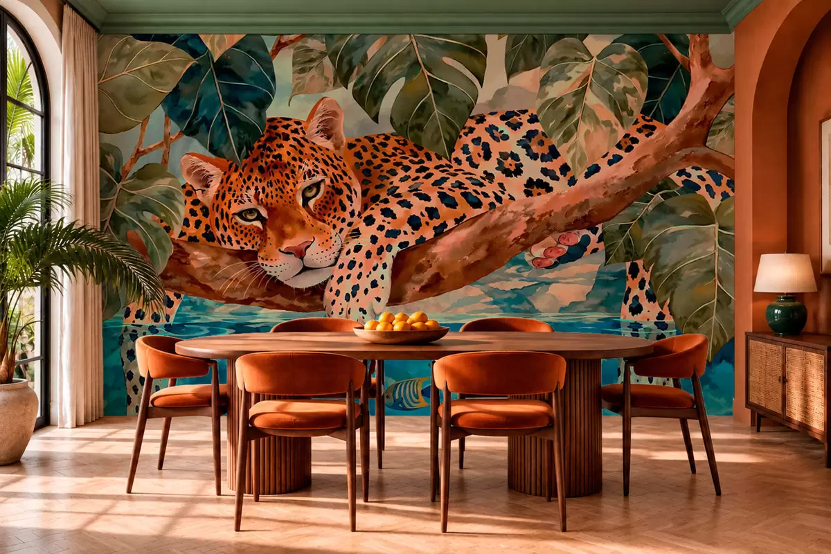 murais de parede Leopardo entre folhas tropicais acima da água, com peixes w05954v1