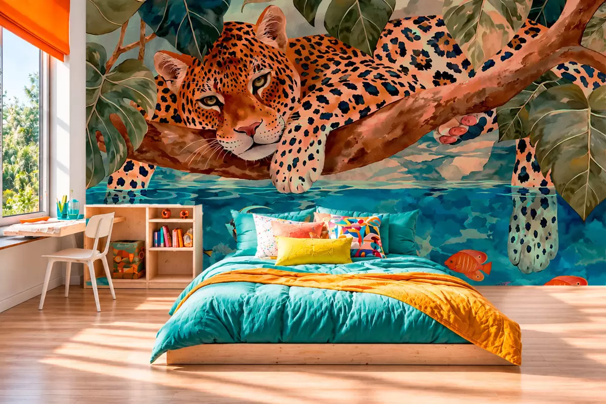 murais de parede Leopardo entre folhas tropicais acima da água, com peixes w05954v1