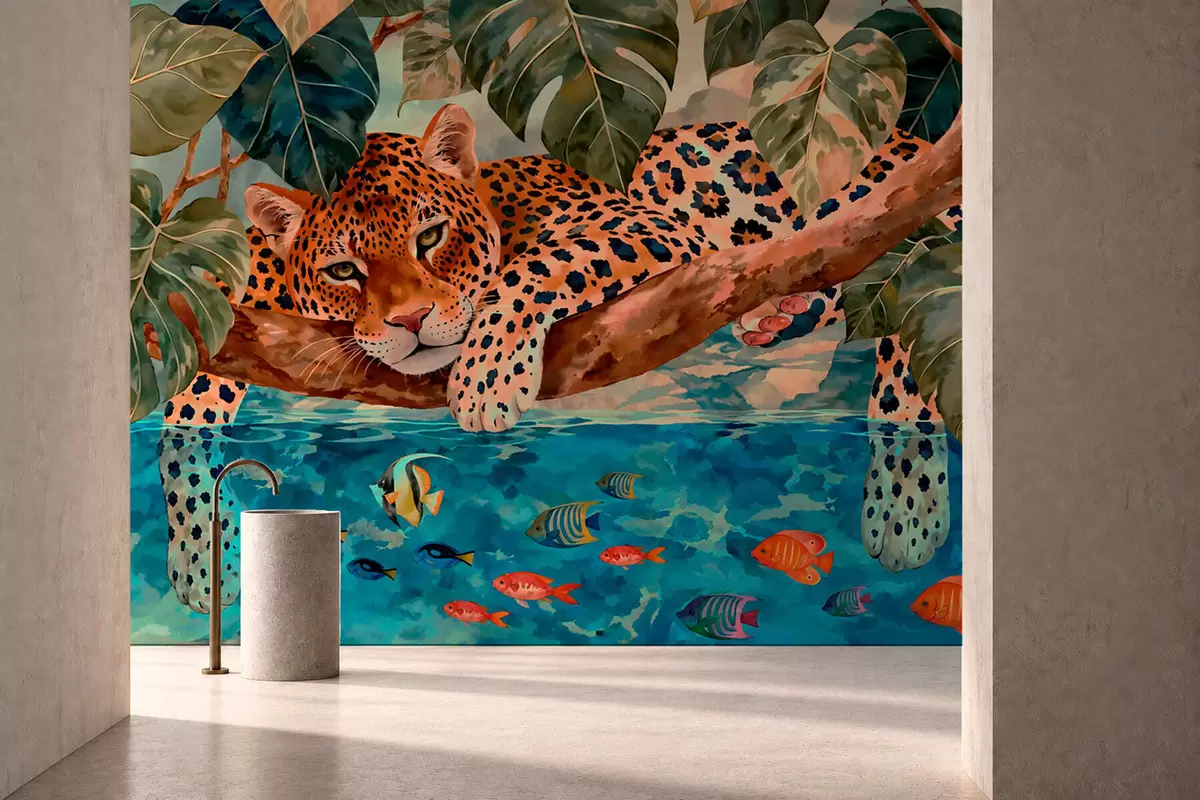 murais de parede Leopardo entre folhas tropicais acima da água, com peixes w05954v1