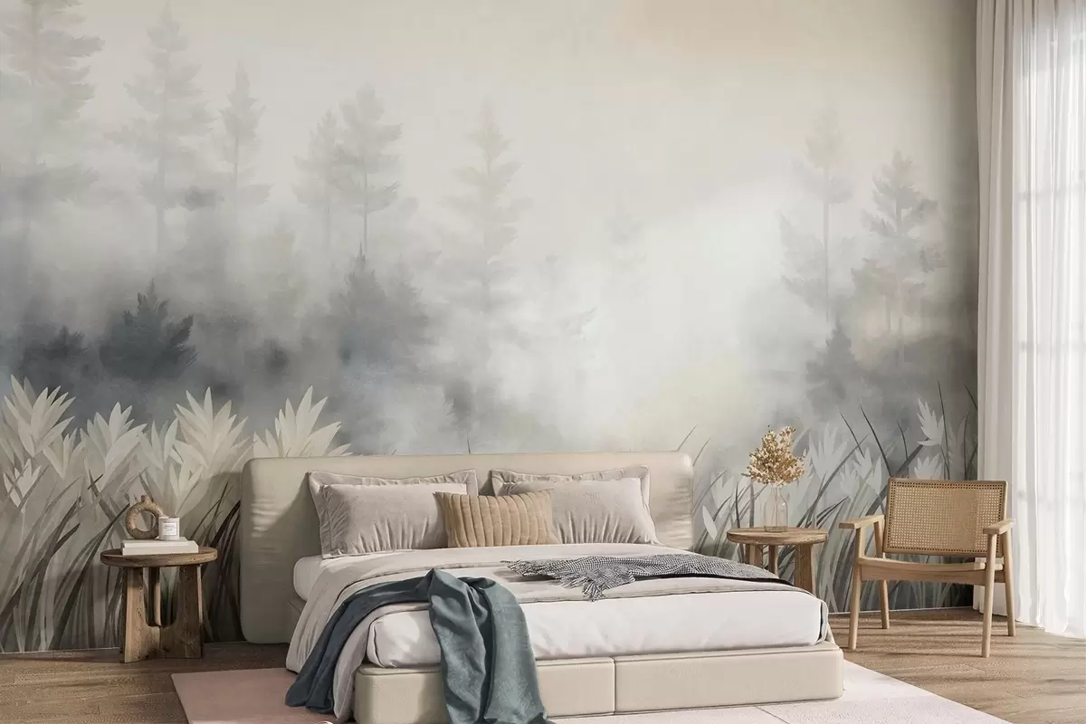 murais de parede Paisagem com gramíneas altas e uma floresta de pinheiros, em estilo minimalista com textura w10082