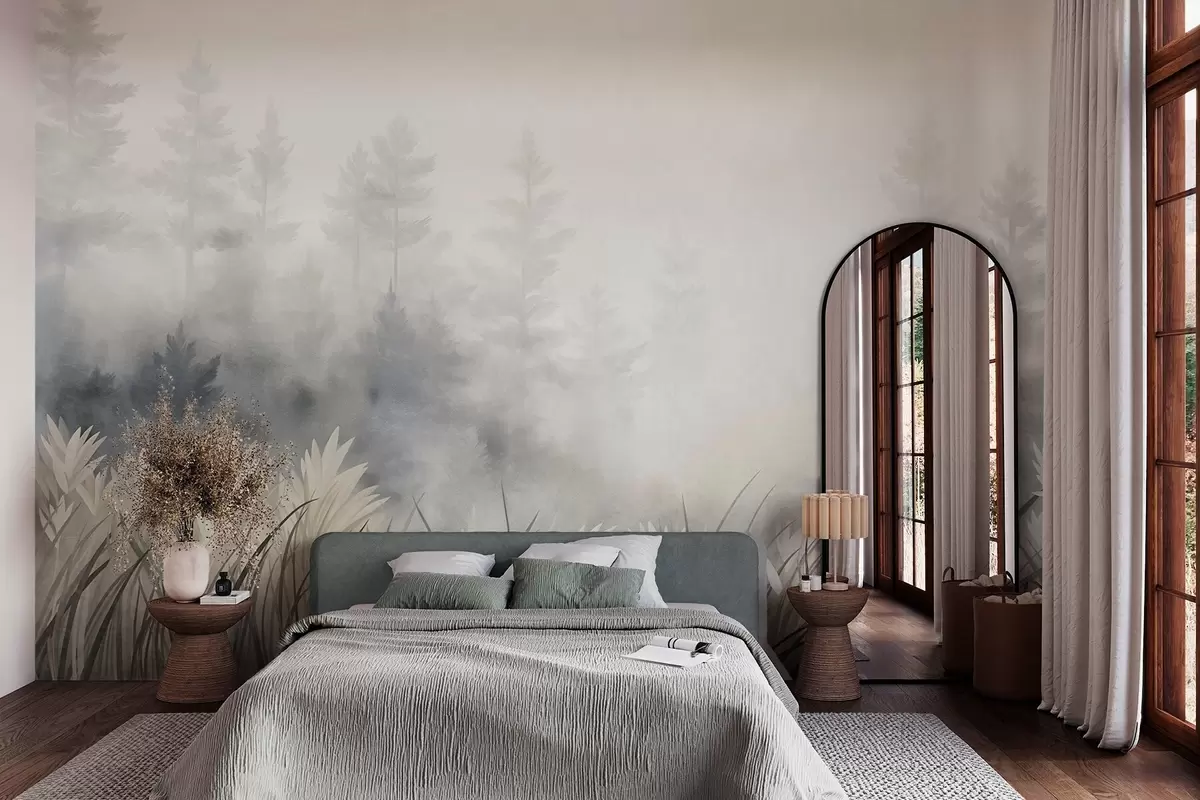 murais de parede Paisagem com gramíneas altas e uma floresta de pinheiros, em estilo minimalista com textura w10082