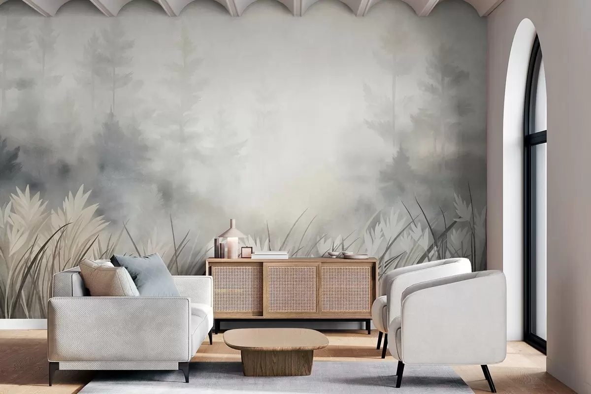 murais de parede Paisagem com gramíneas altas e uma floresta de pinheiros, em estilo minimalista com textura w10082