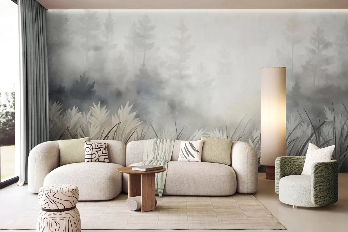 murais de parede Paisagem com gramíneas altas e uma floresta de pinheiros, em estilo minimalista com textura w10082