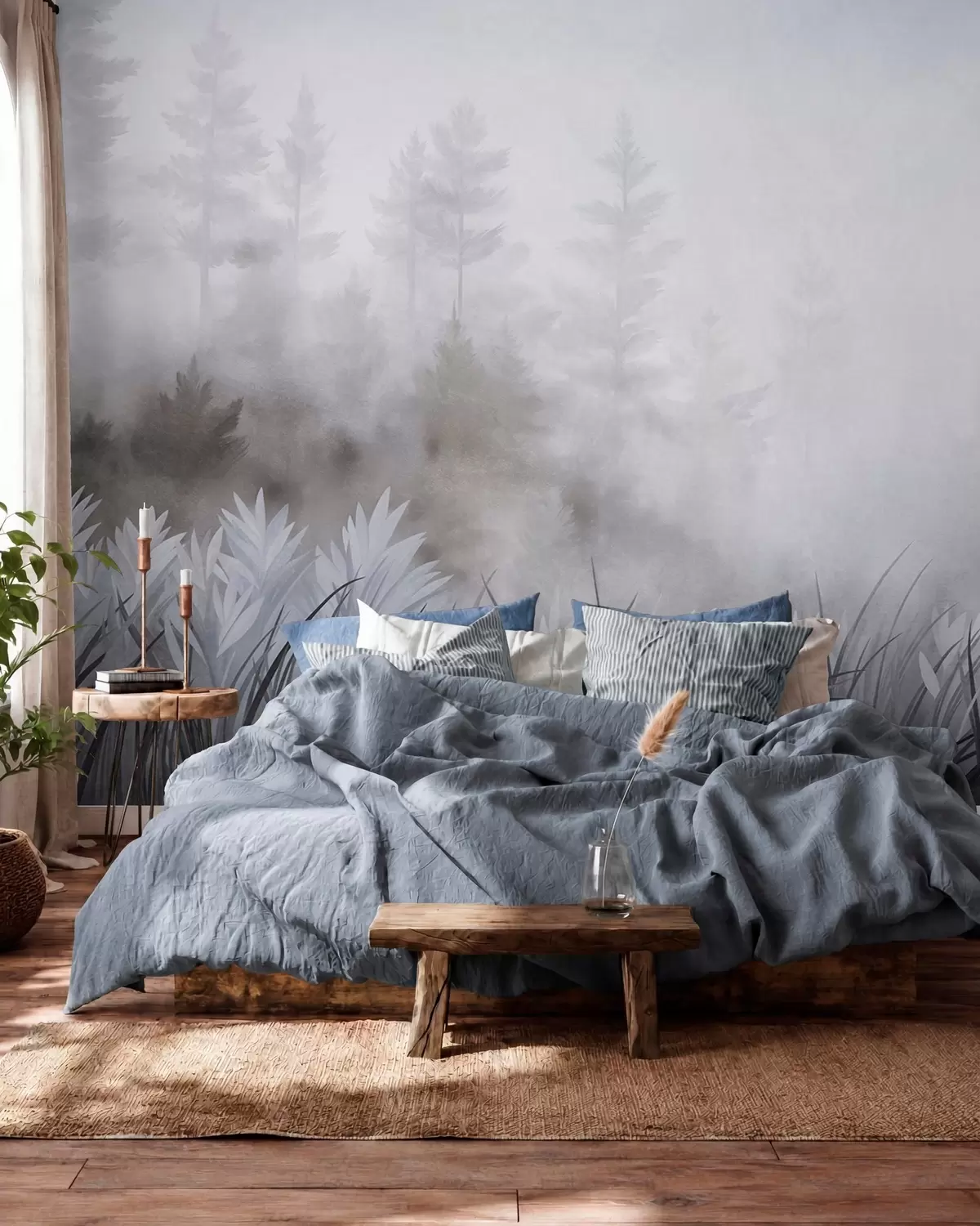 murais de parede Paisagem com gramíneas altas e uma floresta de pinheiros, em estilo minimalista com textura w10082v1