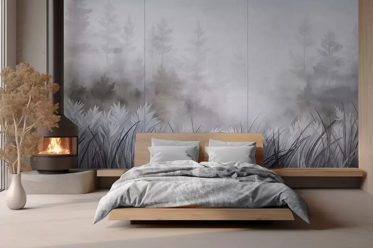 murais de parede Paisagem com gramíneas altas e uma floresta de pinheiros, em estilo minimalista com textura w10082v1